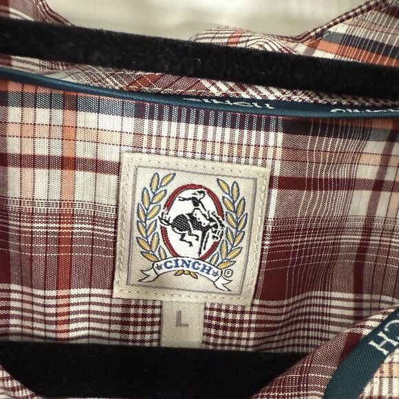 Cinch Shirt Men's Large Red White Plaid Long Sleeve Button Up Lightweight - Picture 5 of 12